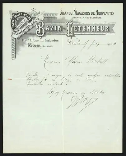 Rechnung Vire 1904, Bazin-Letenneur Grands Magasins de Nouveautés, Literie, Ameublements, 11-13 Rue du Calvados