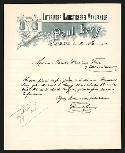 Rechnung Saarburg 1904, Paul Levy, Lothringer Handstickerei Manufaktur, Zwei Frauen mit Wappen