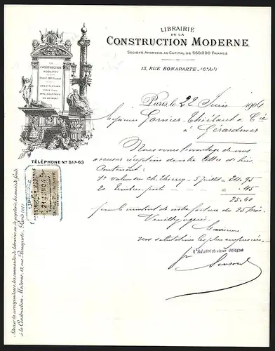 Rechnung Paris 1904, Librairie de la Construction Moderne, 13 Rue Bonaparte, Klassizistische Architekturelemente