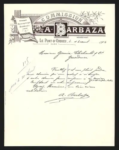 Rechnung Le Pont-d`Orbieu 1904, A. Barbaza, Commission