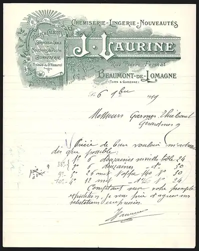 Rechnung Beaumont-de-Lomagne 1919, J. Laurine, Chemiserie, Lingerie, Nouveautés, Rue Pierre-Fermat