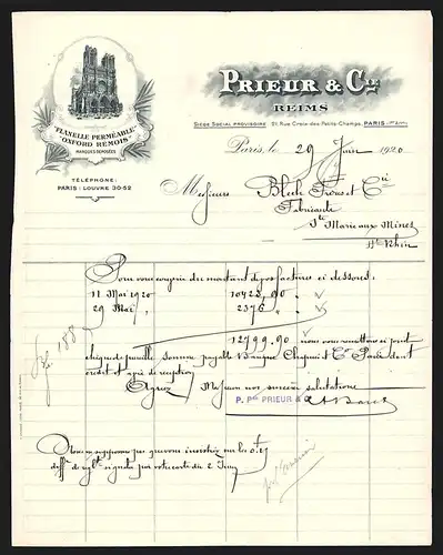 Rechnung Paris 1920, Prieur & Cie. Reims, Flanelle Perméable, Blick auf Notre Dame