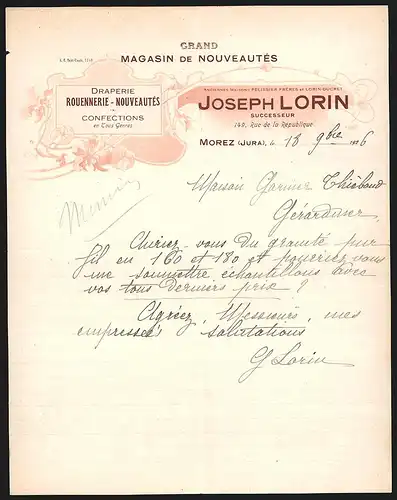 Rechnung Morez 1926, Joseph Lorin, Grand Magasin de Nouveautés, 149 Rue de la République