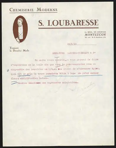 Rechnung Montlucon 1926, S. Loubaresse, Chemiserie Moderne, Herr im eleganten Dreiteiler, Toujours la Dernière Mode