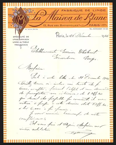 Rechnung Paris 1926, La Maison de Blanc, Fabrique de Linge, 12 Rue des Batignolles