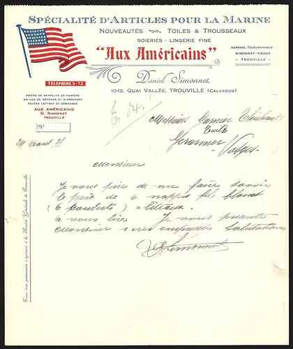 Rechnung Trouville 1929, Danile Simonnet, Aux Americans, Spécialité d`Articles pour la Marine, Amerikanische Flagge