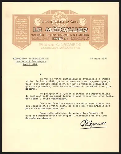 Rechnung Paris 1937, Pierre A. Lagarde, Le Médaillier, Fabricant-Médailleur, Logo