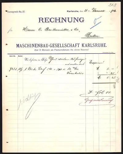 Rechnung Karlsruhe 1906, Maschinenbau-Gesellschaft Karlsruhe