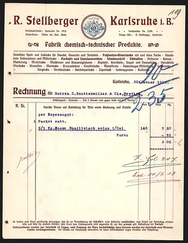 Rechnung Karlsruhe 1913, R. Stellberger, Fabrik chemisch-technischer Produkte, Firmenlogo