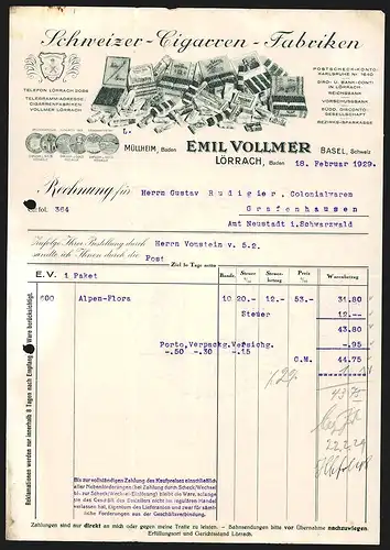 Rechnung Lörrach /Baden 1929, Emil Vollmer, Schweizer-Cigarren-Fabriken, Produktansicht und Auszeichnungen