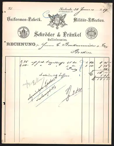 Rechnung Karlsruhe 1889, Schröder & Fränkel, Uniformen-Fabrik, Militär-Effecten, Wappen und Auszeichnungen