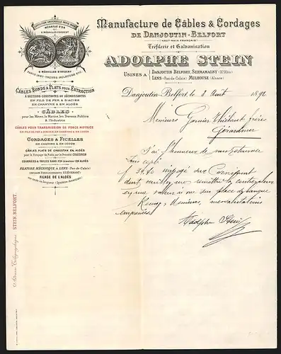 Rechnung Danjoutin-Belfort 1892, Adolphe Stein, Manufacture de Cables & Cordages, Auszeichnungen