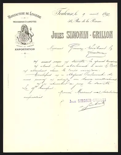 Rechnung Toulouse 1892, Jules Simonin-Grillon, Manufacture de Lingerie, Trousseaux & Layettes, Firmenlogo mit Löwe