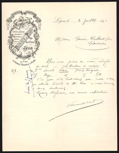 Rechnung Lyon 1892, Pignaud & Piard, Toilerie & Chemiserie, Trousseaux et Layettes, 39 Rue St. Pierre
