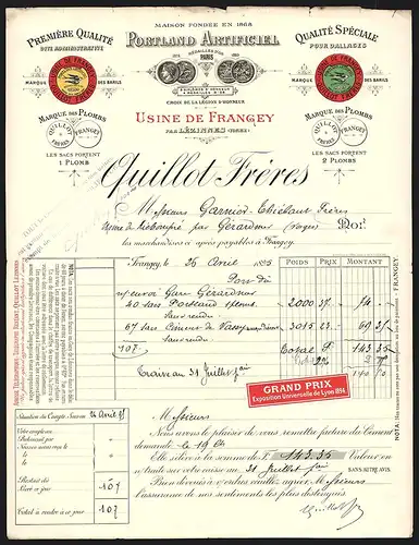 Rechnung Frangey 1895, Quillot Frères, Portland Artificiel, Usine de Frangey, Auszeichnungen