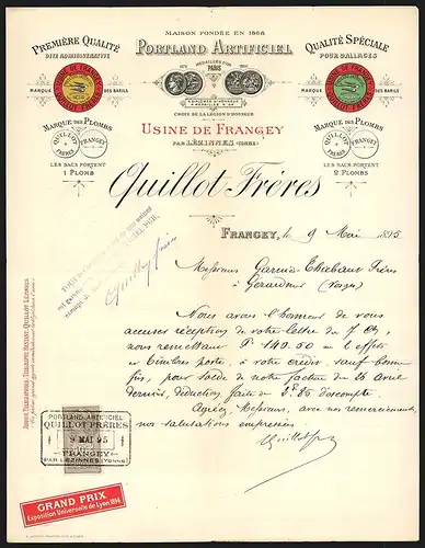Rechnung Frangey 1895, Quillot Frères, Portland Artificiel, Usine de Frangey, Auszeichnungen und Medaillen