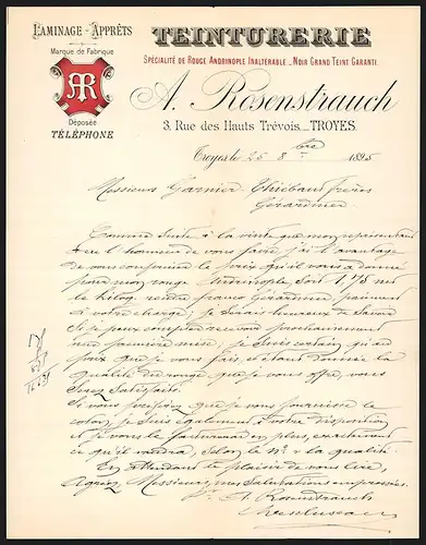 Rechnung Troyes 1895, A. Rosenstrauch, Teinturerie, Spécialité de Rouge Andrinople Inaltérable