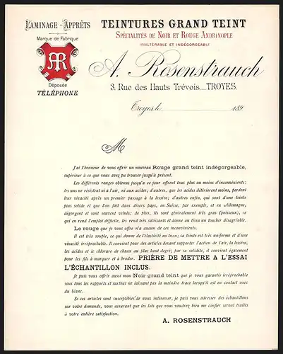 Rechnung Troyes, A. Rosenstrauch, Teintures Grand Teint, Spécialité de Noir et Rouge Andrinople