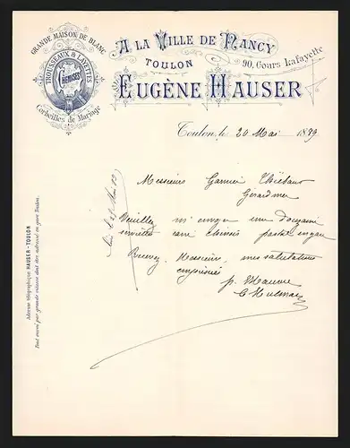 Rechnung Toulon 1889, Eugène Hauser, Grande Maison de Blanc, Chemises, Trousseaux et Layettes