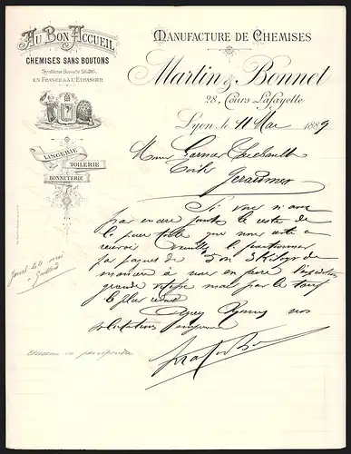 Rechnung Lyon 1889, Martin & Bonnet, Manufacture de Chemises, 28 Cours Lafayette, Kind und Löwe am Firmenlogo