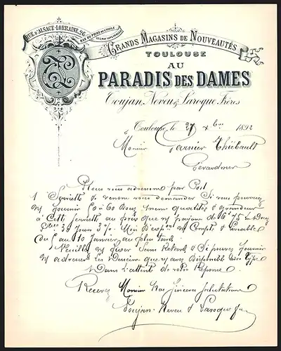 Rechnung Toulouse 1892, Toujan, Neveu & Laroque Frères, Paradis des Dames, Nouveautés, Rue d`Alsace-Lorraine 26