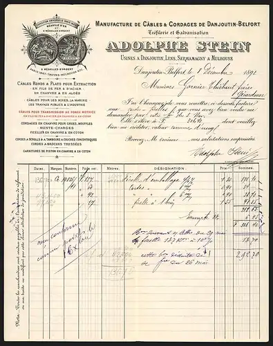 Rechnung Danjoutin-Belfort 1892, Adolphe Stein, Manufacture de Cables & Cordages, Medaillen Paris 1889 etc.