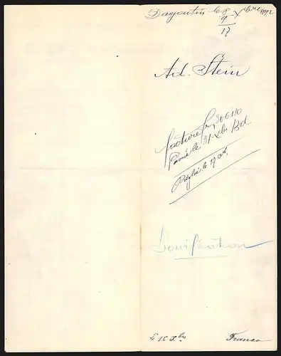 Rechnung Danjoutin-Belfort 1892, Adolphe Stein, Manufacture de Cables & Cordages, Medaillen Paris 1889 etc.