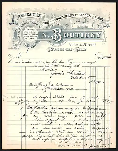 Rechnung Forges-Les-Eaux 1916, N. Boutigny, Nouveautés, Toiles, Trousseaux et Blancs de Coton