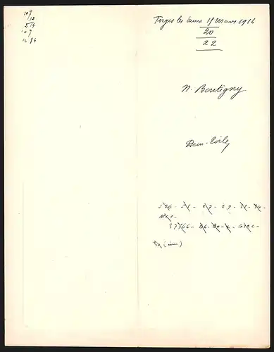 Rechnung Forges-Les-Eaux 1916, N. Boutigny, Nouveautés, Toiles, Trousseaux et Blancs de Coton