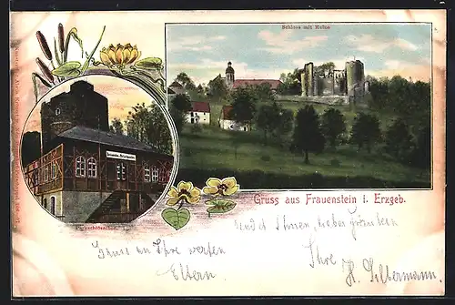 Lithographie Frauenstein i. Erzgeb., Gasthaus Parkschlösschen, Schloss mit Ruine