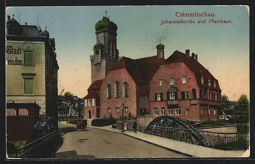 AK Crimmitschau, Johanniskirche und Pfarrhaus
