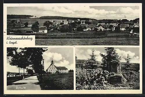 AK Kleinneuschönberg i. Erzgeb., Ortsansicht, Schule, Kriegerdenkmal