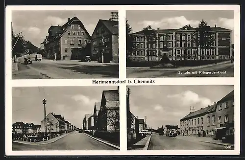 AK Hartmannsdorf b. Chemnitz, Schule mit Kriegerdenkmal, Strassenansichten