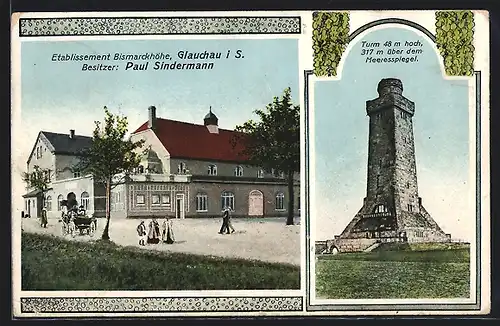 AK Glauchau i. S., Gasthaus Bismarckhöhe und Bismarckturm