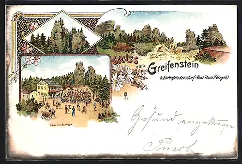 Lithographie Ehrenfriedersdorf, Hotel Greifenstein, Felsen