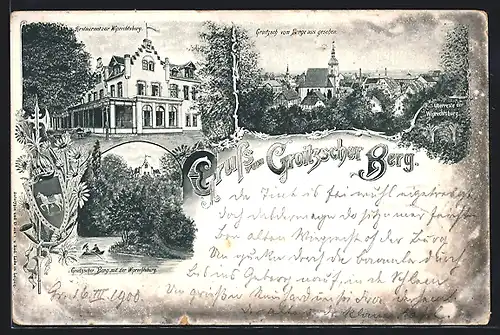 Lithographie Groitzsch / Sa., Restaurant zur Wiprechtsburg, Ortsansicht vom Berg aus