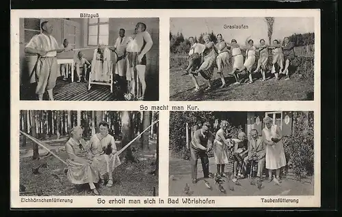 AK Bad Wörishofen, Kur - Badekultur Blitzgruss mit dem Schlauch, Graslaufen, Eichhörnchen - & Taubenfütterung