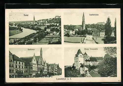 AK Landshut, Burg Trausnitz, Rathaus und Isarbrücke