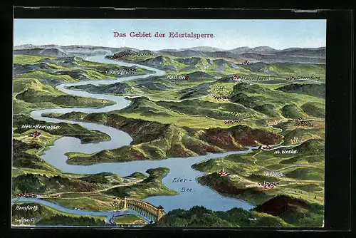 Künstler-AK Eugen Felle: Waldeck / Hessen, Landkarte der Edertalsperre mit Umgebung