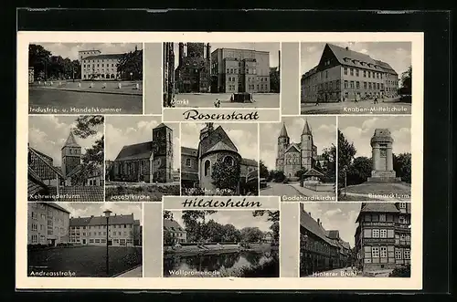 AK Hildesheim, Industrie- und Handelskammer, Knaben-Mittelschule, Kehrwiederturm, 1000 jähr. Rose