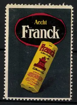 Reklamemarke Aecht Franck Kaffee-Zusatz mit der Kaffeemühle, Firmenlogo und Kaffeeverpackung gelb