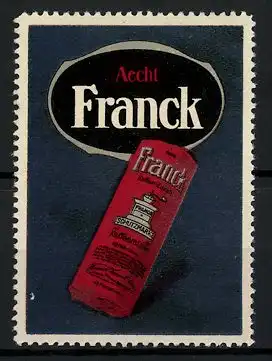 Reklamemarke Aecht Franck Kaffee-Zusatz mit der Kaffeemühle, Kaffeeverpackung rot und Firmenlogo
