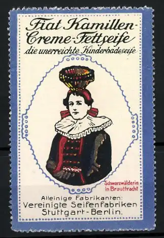 Reklamemarke Fiat Kamillen-Creme-Fettseife, Kinderseife, Vereinigte Seifenfabriken Stuttgart, schwarzwälder Bauerntracht