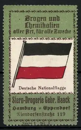 Reklamemarke Stern-Drogerie der Gebr. Haack, Hamburg-Eppendorf, Niendorferstr. 119, Deutsche Nationalflagge