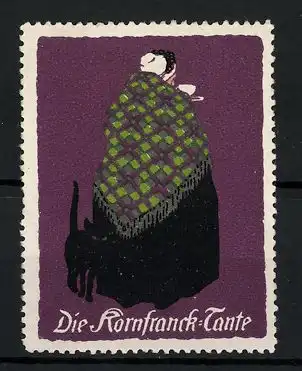 Künstler-Reklamemarke Ludwig Hohlwein, Kornfranck Kaffee-Zusatz, die Kornfranck-Tante mit schwarzer Katze