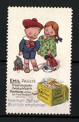 Reklamemarke Emil Pauly's Friedrichsdorfer Zwieback, Homburg v. d. H., Kinderpaar, Zwiebackschachtel