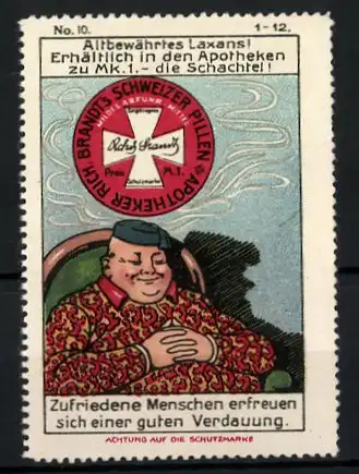 Reklamemarke Apotheker Rich. Brandt's Schweizer Pillen, Laxans-Abführmittel, Dose, schlafender Mann, Bild 10