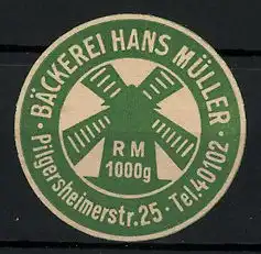 Präge-Reklamemarke Bäckerei Hans Müller, Pilgersheimerstr. 25, Mühle