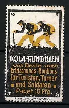 Reklamemarke Kola-Rundillen, beste Erfrischungs-Bonbons für Turisten, Turner und Soldaten, zwei Wanderer