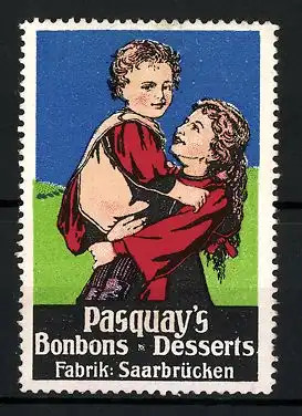 Reklamemarke Pasquay's Bonbons & Desserts, Fabrik Saarbrücken, Mutter mit Kind auf dem Arm